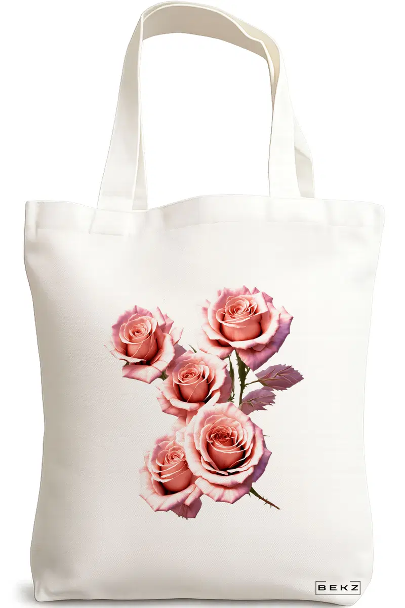 Sacosa Cumparaturi Textila, Geanta Tote, model Flower Bouquet 4, 38 x 34.5 cm, Alb, BEKZ®