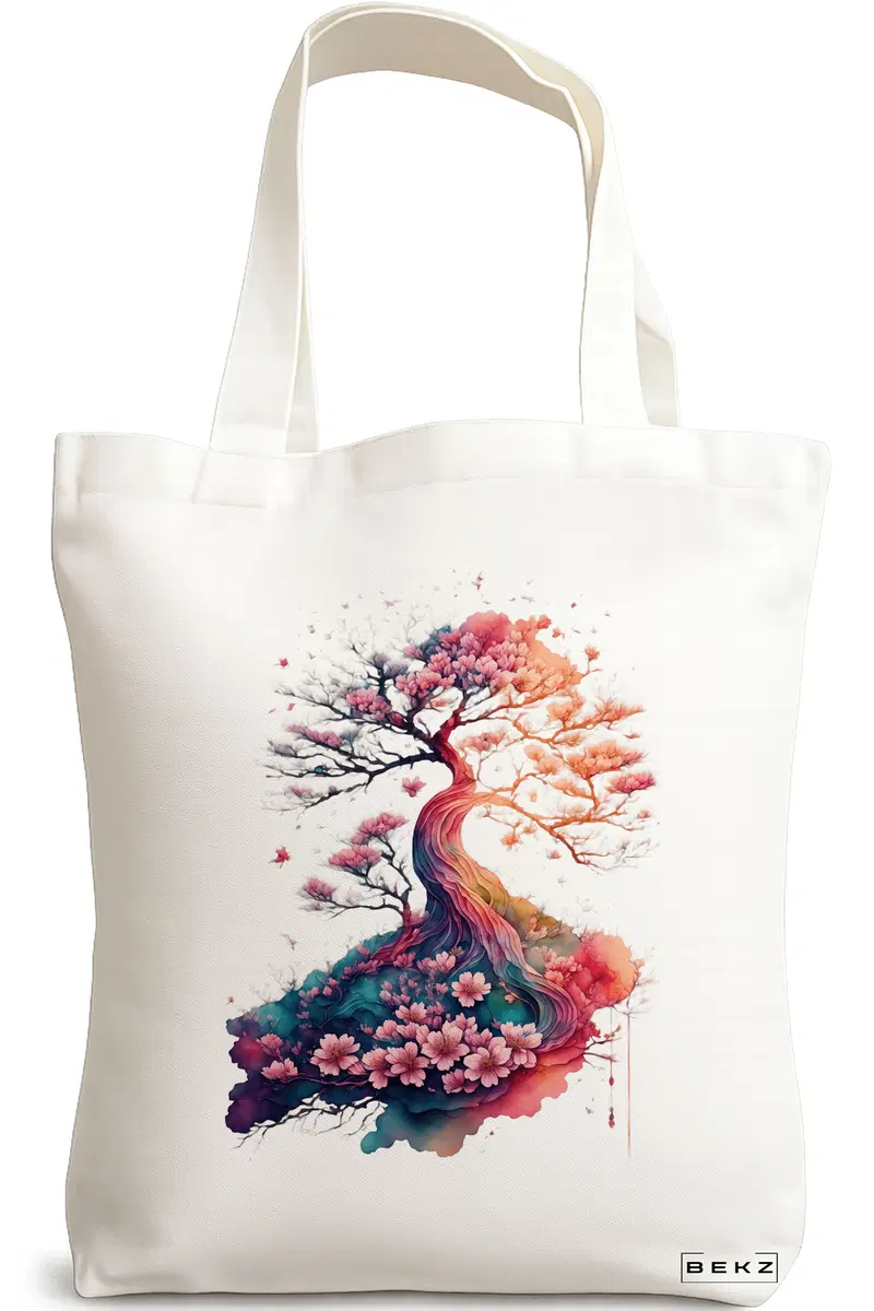 Sacosa Cumparaturi Textila, Geanta Tote, model Watercolor Garden, 38 x 34.5 cm, Alb, BEKZ®