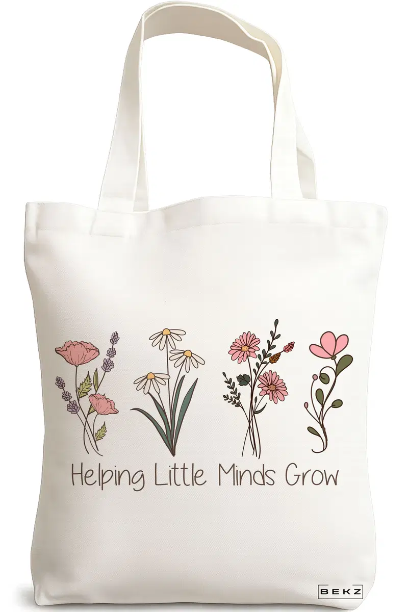Sacosa Cumparaturi Textila, Geanta Tote, model Helping Little Minds Grow, 38 x 34.5 cm, Alb, BEKZ®
