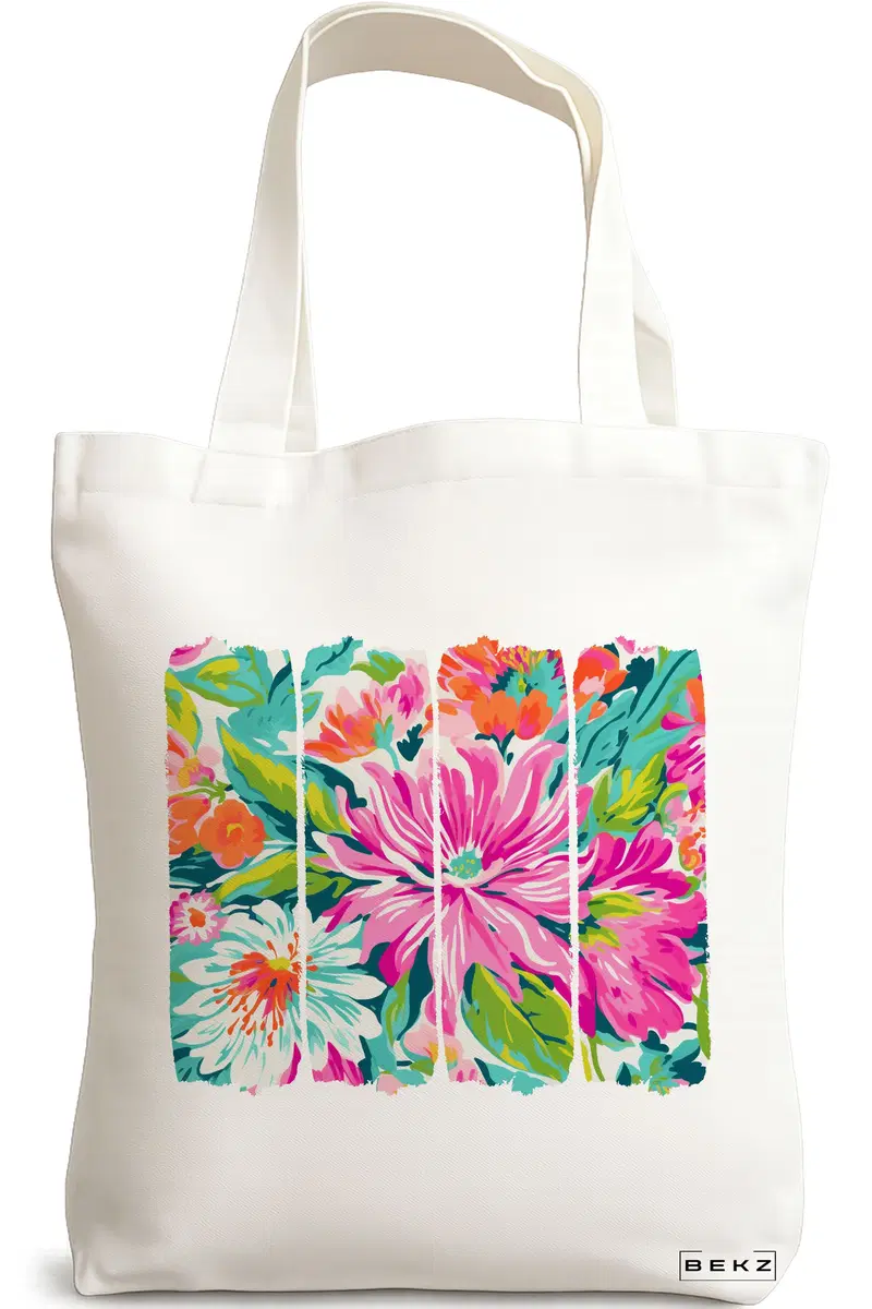 Sacosa Cumparaturi Textila, Geanta Tote, model Flower Watecolor 5, 38 x 34.5 cm, Alb, BEKZ®