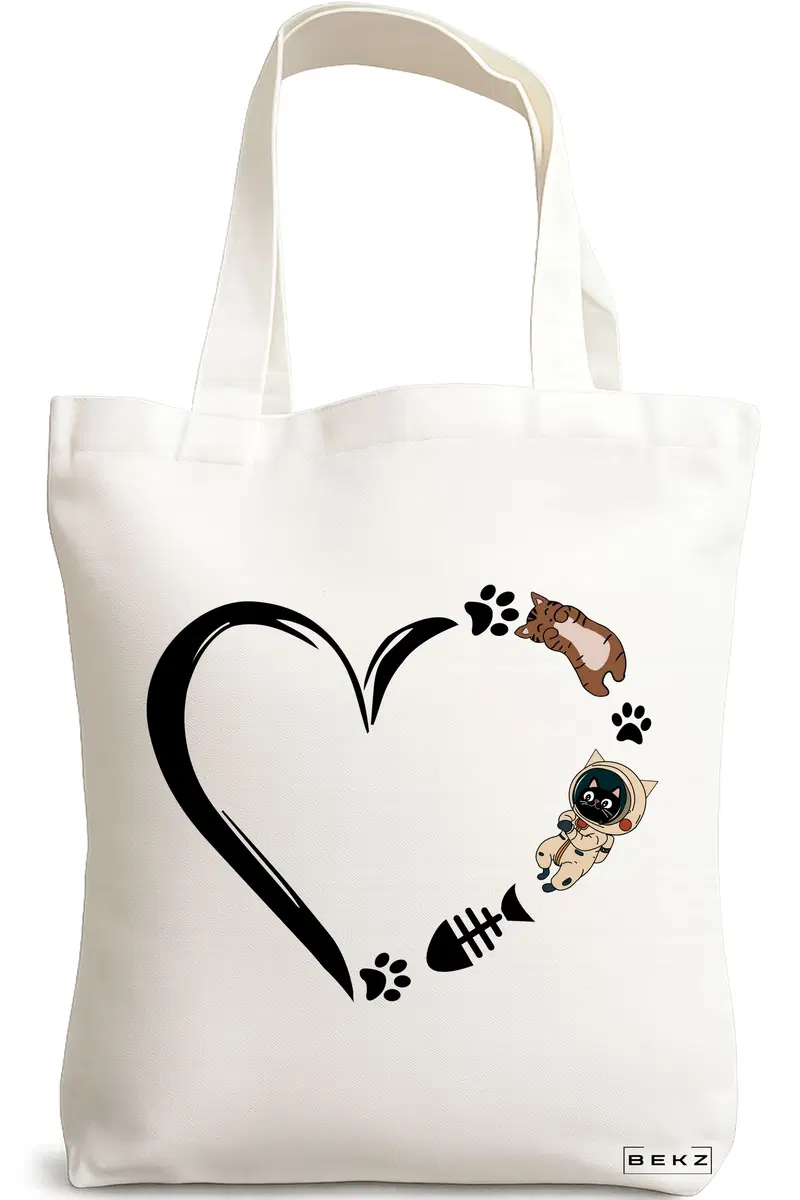 Sacosa Cumparaturi Textila, Geanta Tote, model Cat Love 1, 38 x 34.5 cm, Alb, BEKZ®