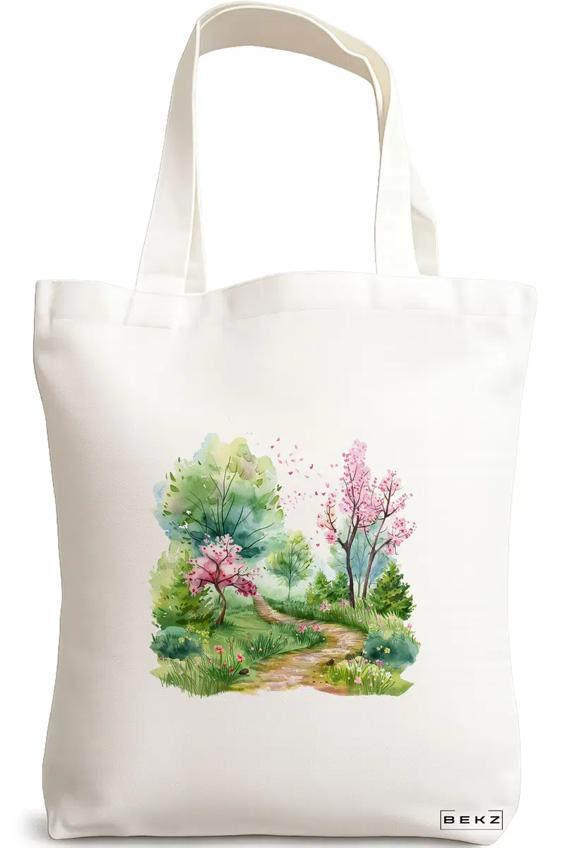 Sacosa Cumparaturi Textila, Geanta Tote, model Watercolor Garden 2, 38 x 34.5 cm, Alb, BEKZ®