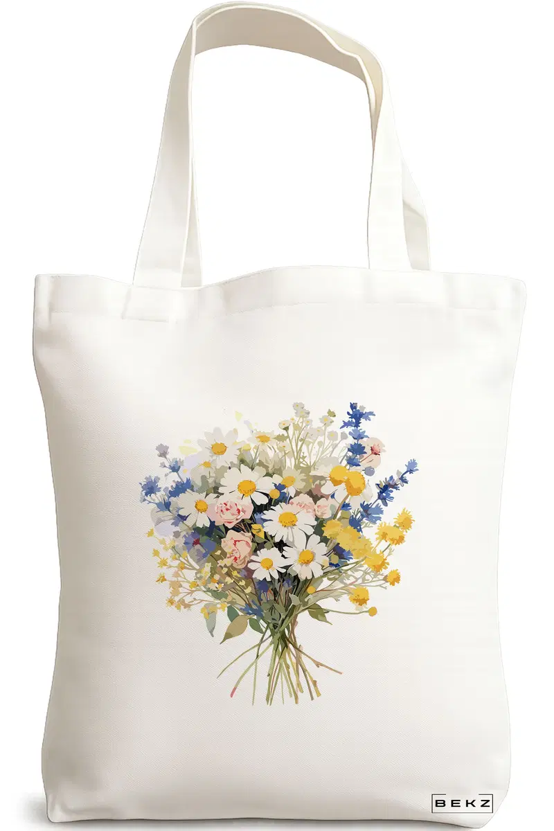 Sacosa Cumparaturi Textila, Geanta Tote, model Flower Bouquet 6, 38 x 34.5 cm, Alb, BEKZ®
