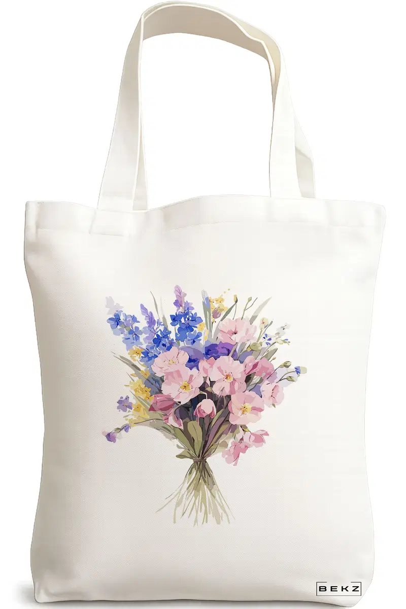 Sacosa Cumparaturi Textila, Geanta Tote, model Flower Bouquet 7, 38 x 34.5 cm, Alb, BEKZ®