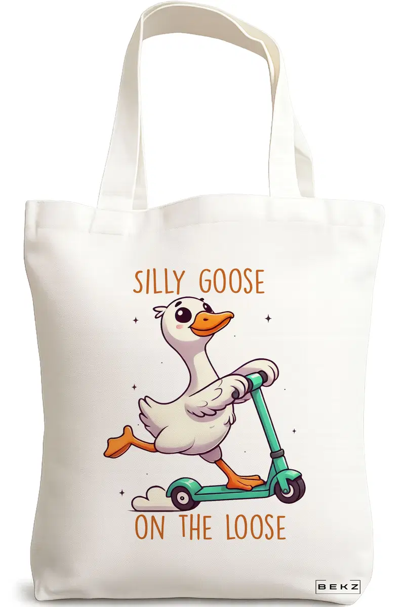 Sacosa Cumparaturi Textila, Geanta Tote, model Silly Goose 2, 38 x 34.5 cm, Alb, BEKZ®