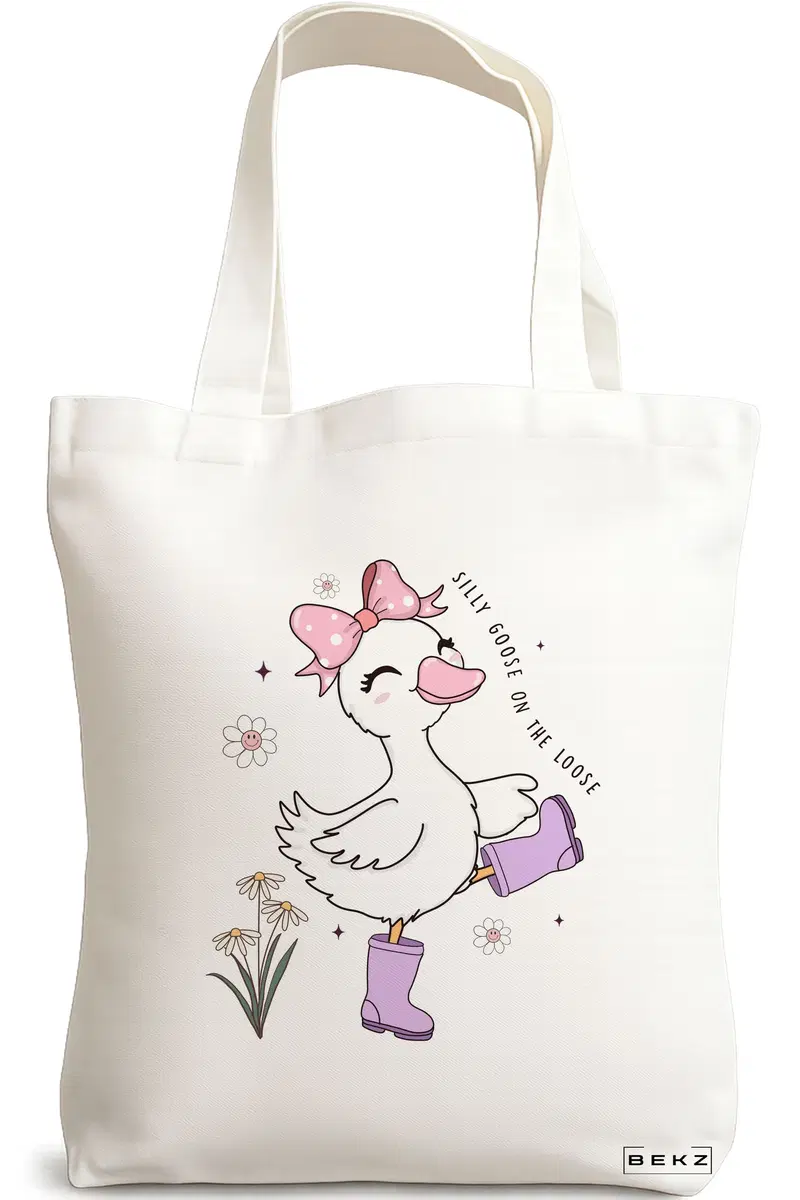 Sacosa Cumparaturi Textila, Geanta Tote, model Silly Goose 4, 38 x 34.5 cm, Alb, BEKZ®