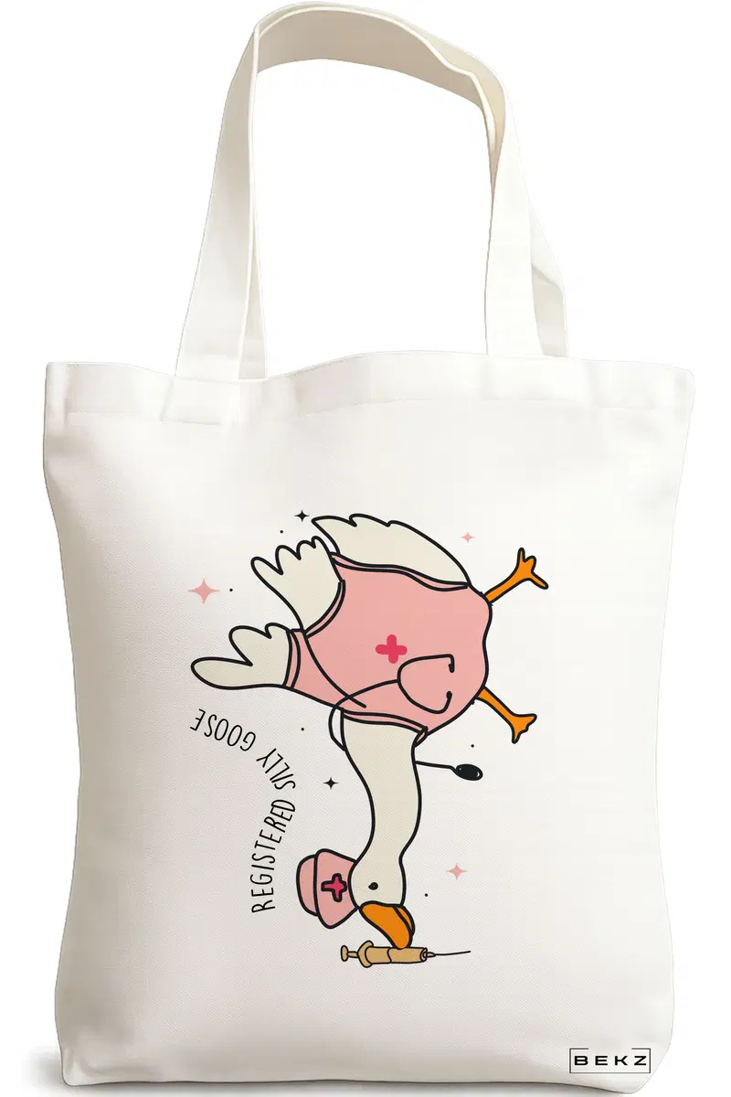 Sacosa Cumparaturi Textila, Geanta Tote, model Silly Goose 5, 38 x 34.5 cm, Alb, BEKZ®