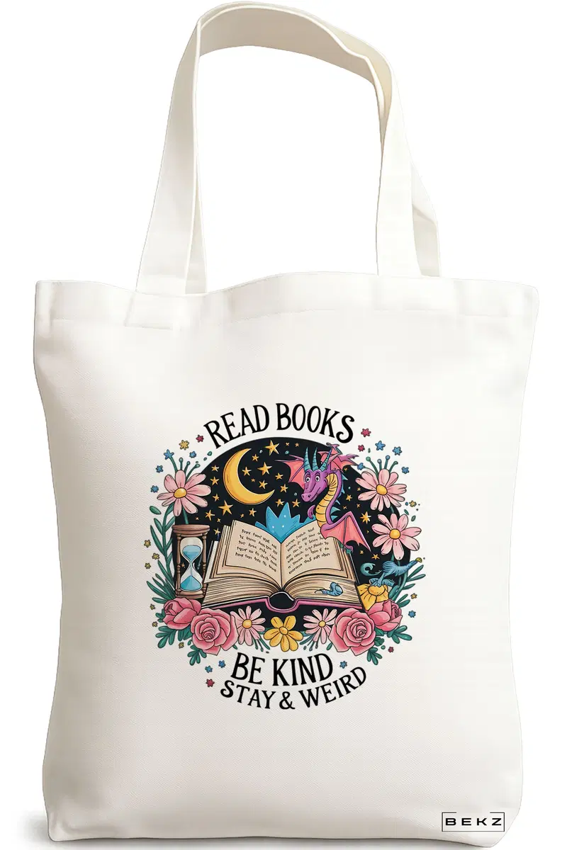 Sacosa Cumparaturi Textila, Geanta Tote, model Read Books Be Kind Stay & Weird 38 x 34.5 cm, Alb, BEKZ®