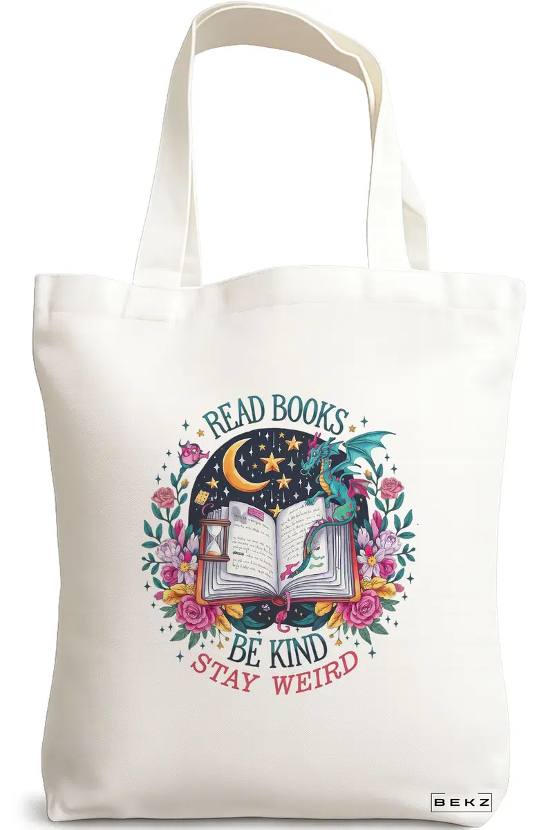 Sacosa Cumparaturi Textila, Geanta Tote, model Read Books Be Kind Stay Weird 38 x 34.5 cm, Alb, BEKZ®