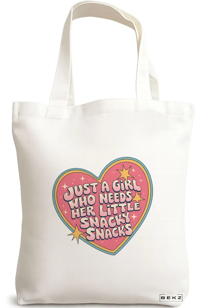 Sacosa Cumparaturi Textila, Geanta Tote, model Just a girl who needs her little snacky snacks 38 x 34.5 cm, Alb, BEKZ®