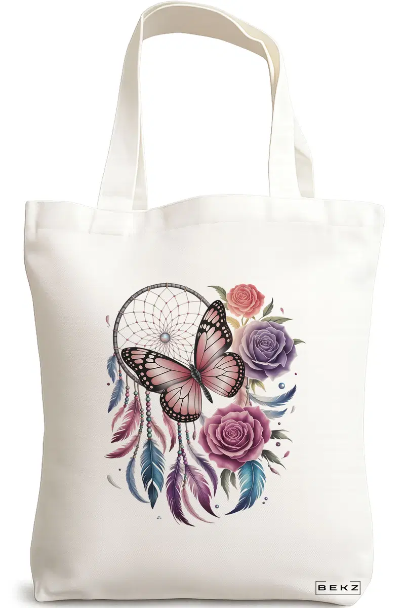 Sacosa Cumparaturi Textila, Geanta Tote, model Flowers and Butterfly 38 x 34.5 cm, Alb, BEKZ®
