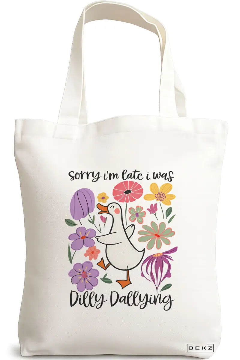 Sacosa Cumparaturi Textila, Geanta Tote, model Sorry I'm late I was dilly dallying 2 38 x 34.5 cm, Alb, BEKZ®
