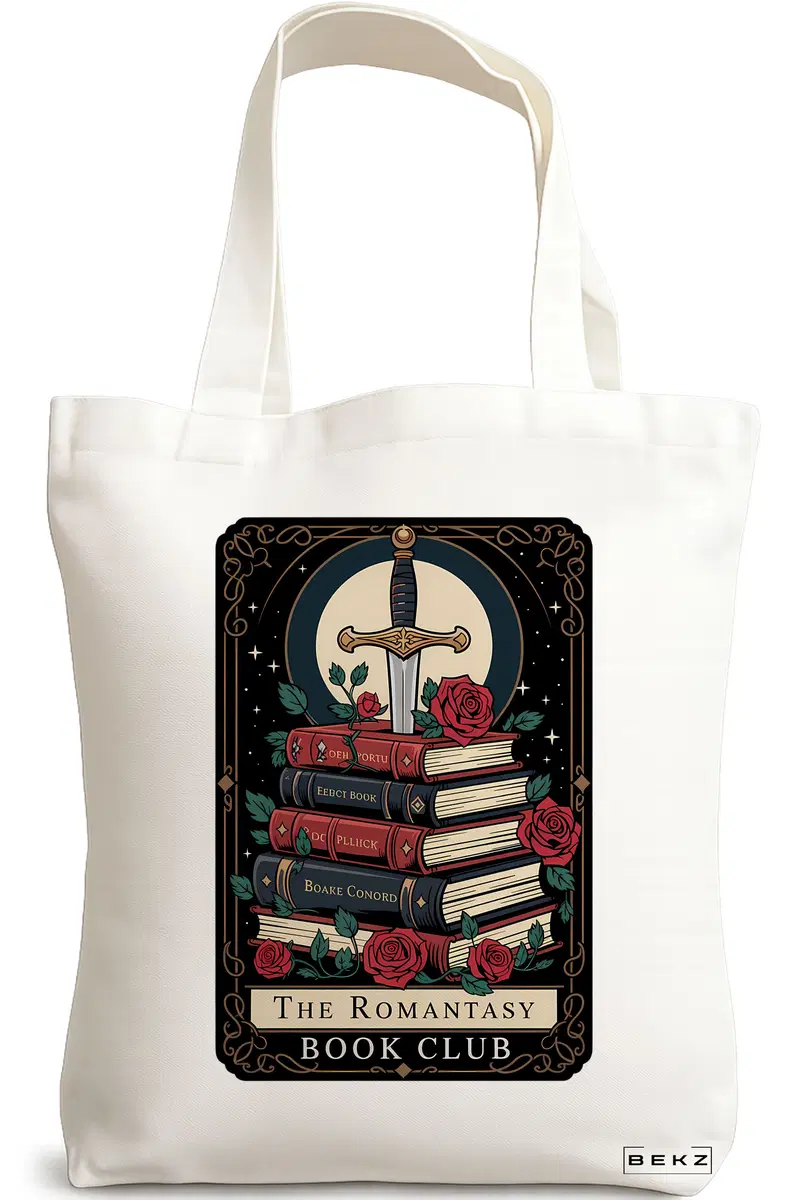 Sacosa Cumparaturi Textila, Geanta Tote, model The romantasy book club 38 x 34.5 cm, Alb, BEKZ®