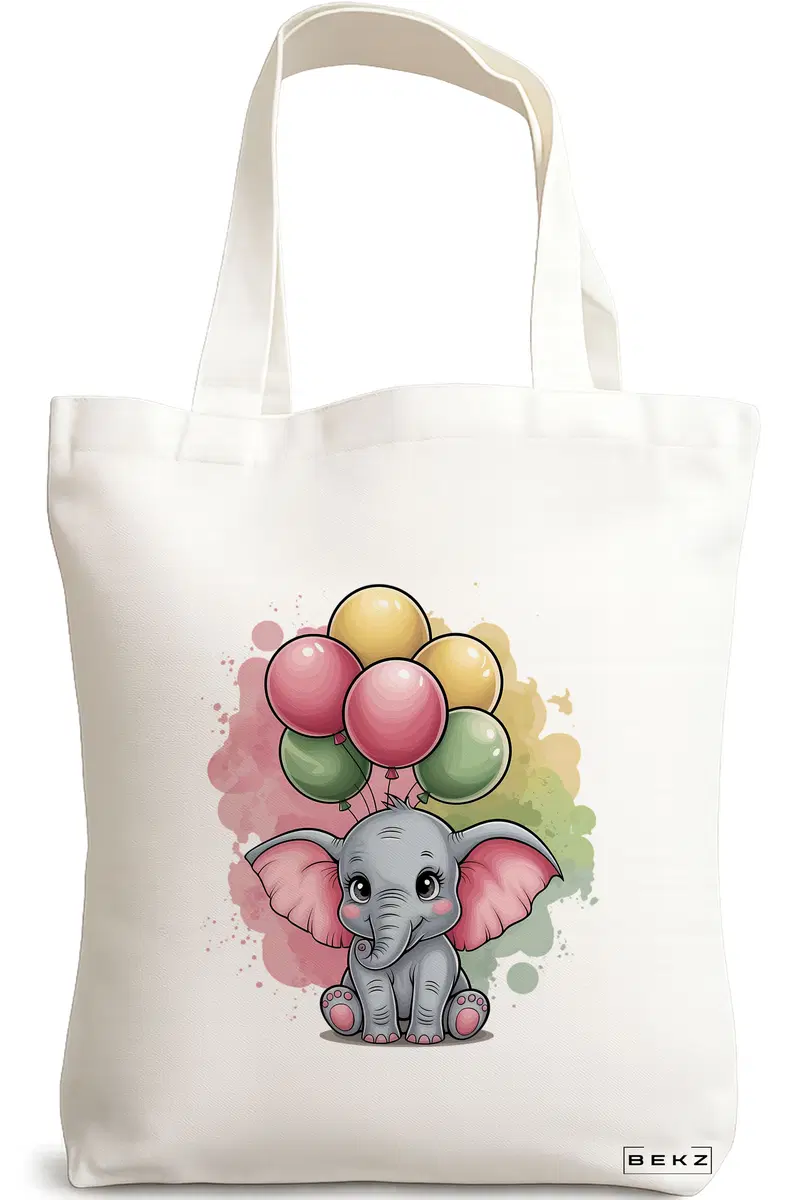 Sacosa Cumparaturi Textila, Geanta Tote, model Colorful Baby Elephant 38 x 34.5 cm, Alb, BEKZ®