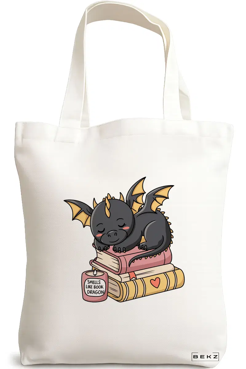 Sacosa Cumparaturi Textila, Geanta Tote, model Smells like book dragon 38 x 34.5 cm, Alb, BEKZ®