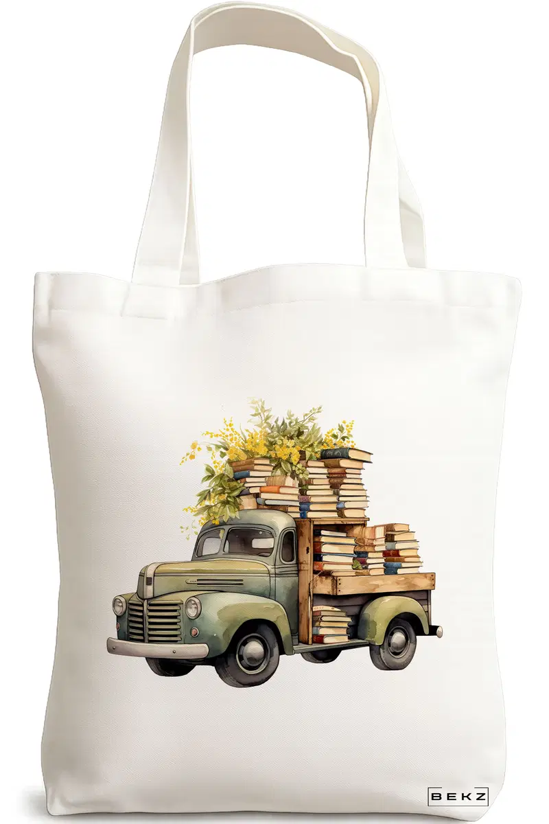 Sacosa Cumparaturi Textila, Geanta Tote, model The flower truck with books 38 x 34.5 cm, Alb, BEKZ®