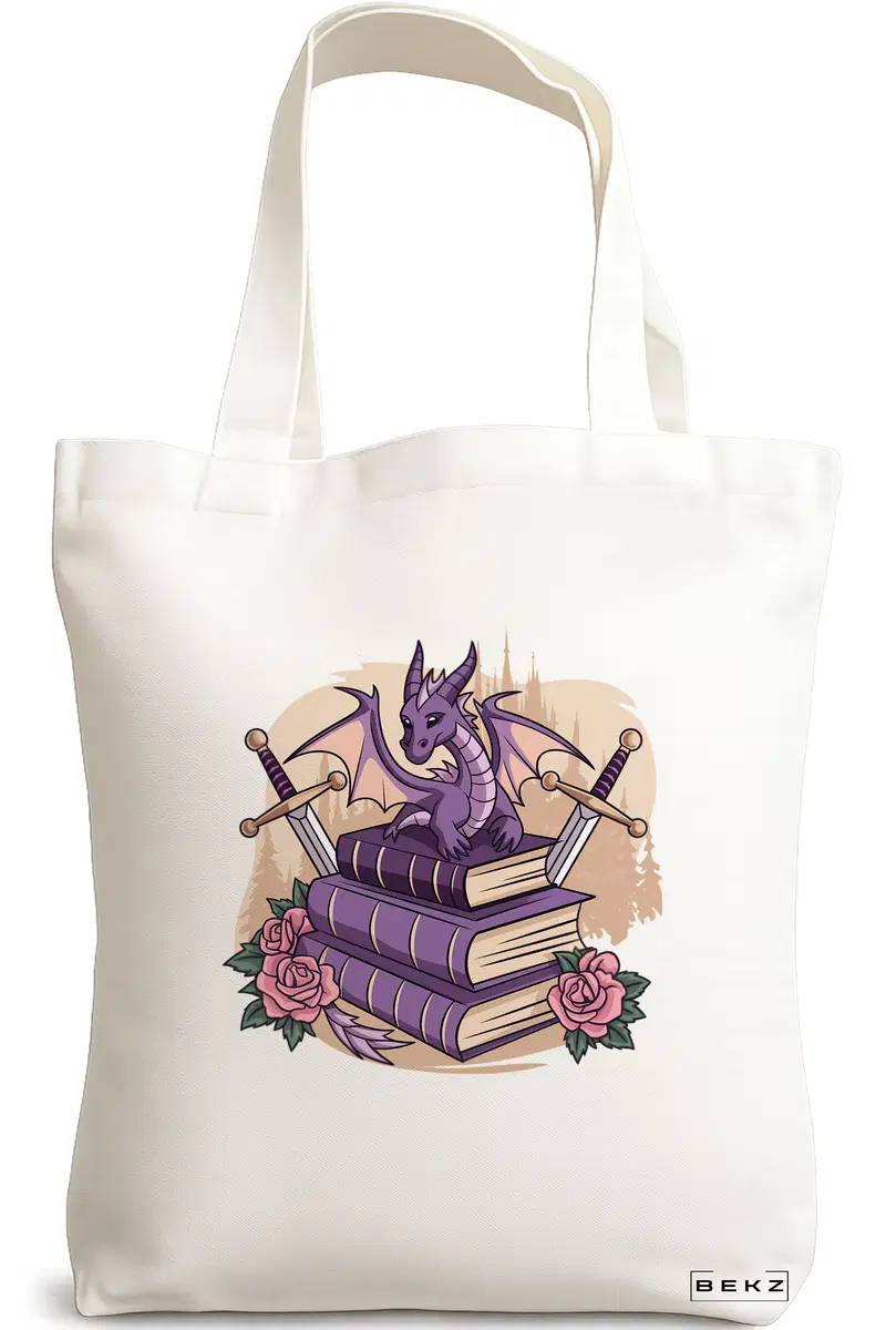 Sacosa Cumparaturi Textila, Geanta Tote, model Dragon Books 38 x 34.5 cm, Alb, BEKZ®