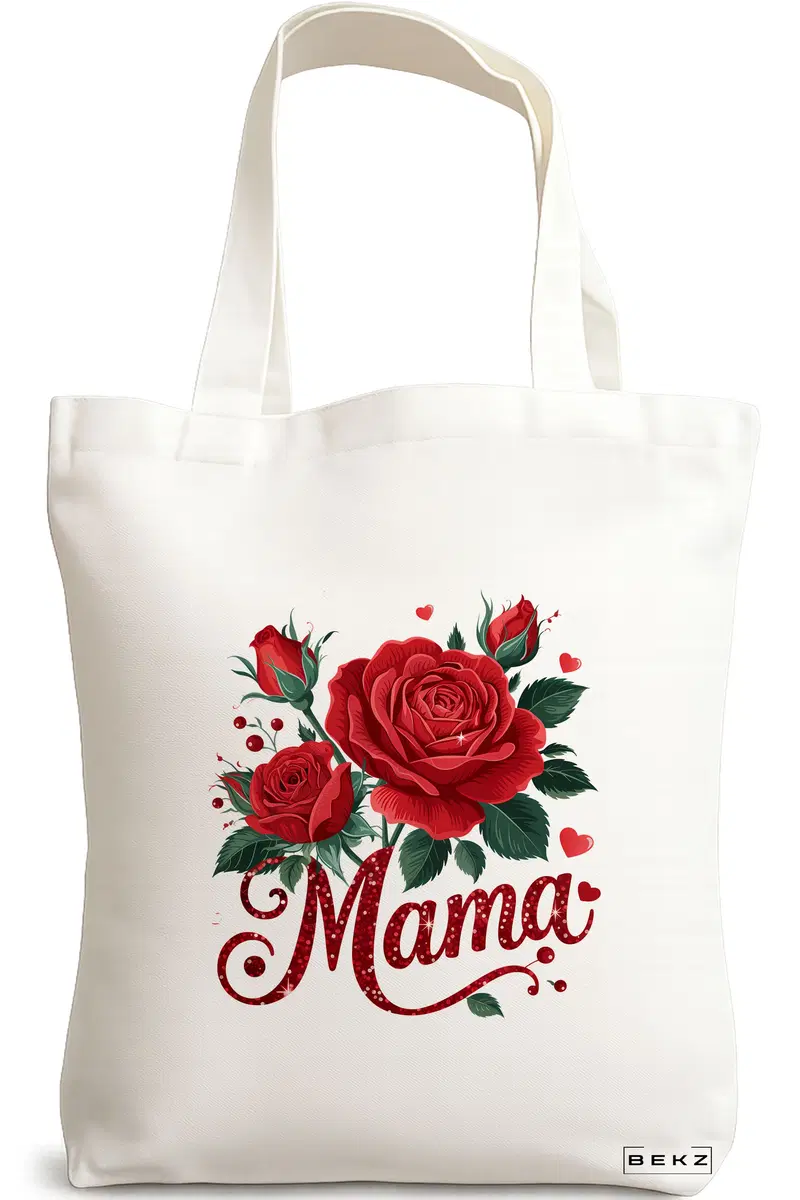 Sacosa Cumparaturi Textila, Geanta Tote, model Mama Red Roses 38 x 34.5 cm, Alb, BEKZ®