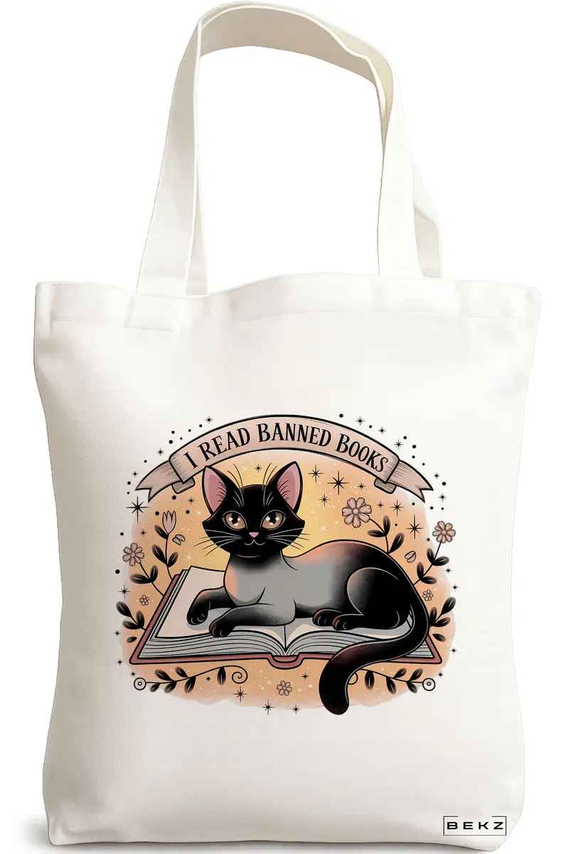 Sacosa Cumparaturi Textila, Geanta Tote, model I read banned books 38 x 34.5 cm, Alb, BEKZ®
