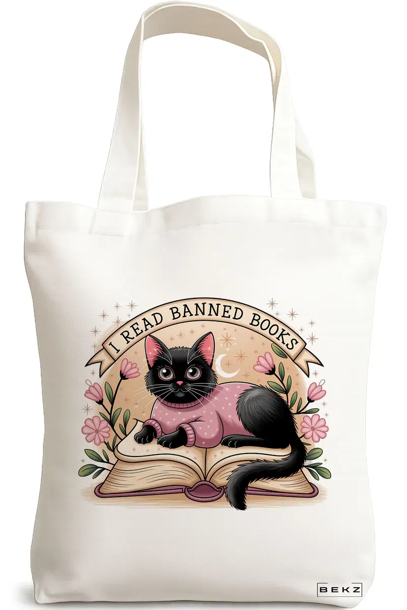 Sacosa Cumparaturi Textila, Geanta Tote, model I read banned books 2 38 x 34.5 cm, Alb, BEKZ®