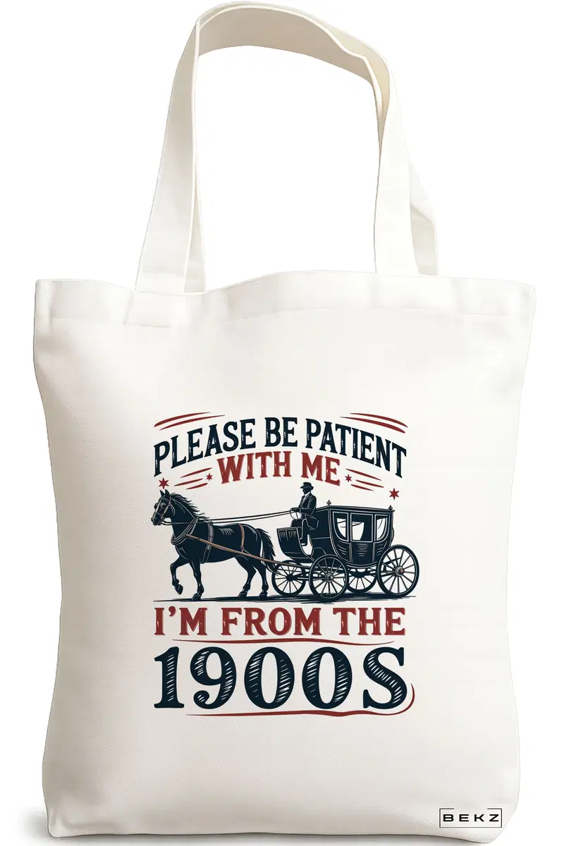 Sacosa Cumparaturi Textila, Geanta Tote, model Please be patient with me 90s 38 x 34.5 cm, Alb, BEKZ®
