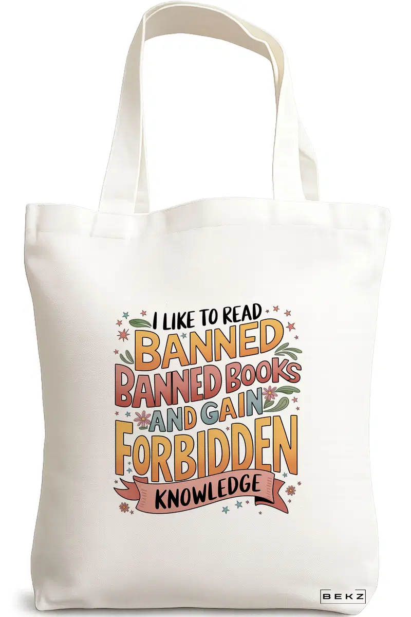 Sacosa Cumparaturi Textila, Geanta Tote, model I read banned books 3 38 x 34.5 cm, Alb, BEKZ®