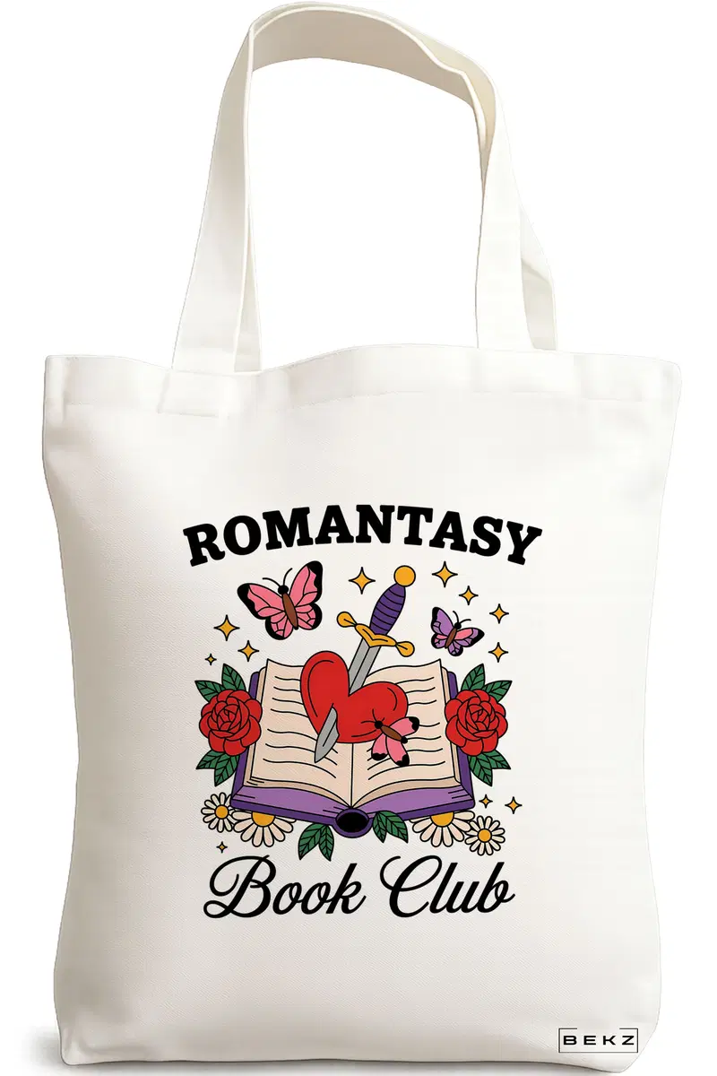 Sacosa Cumparaturi Textila, Geanta Tote, model Romantasy Book Club 38 x 34.5 cm, Alb, BEKZ®