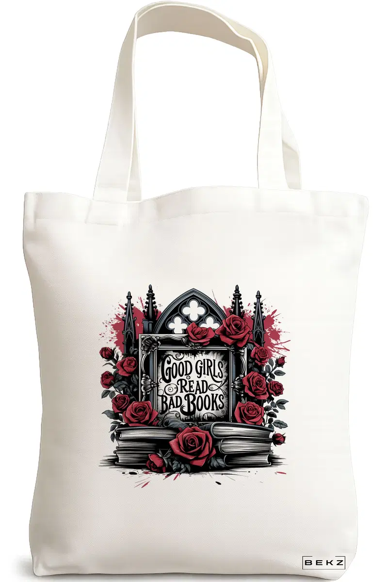 Sacosa Cumparaturi Textila, Geanta Tote, model Good Girls read bad books 38 x 34.5 cm, Alb, BEKZ®