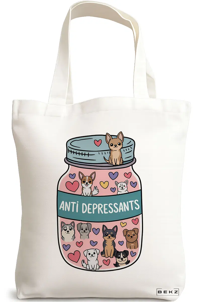 Sacosa Cumparaturi Textila, Geanta Tote, model Anti Depresant Doggos 38 x 34.5 cm, Alb, BEKZ®