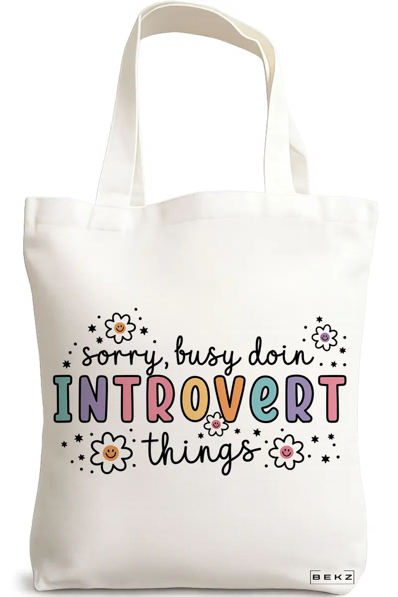 Sacosa Cumparaturi Textila, Geanta Tote, model Sorry busy doin Introvert things 2 38 x 34.5 cm, Alb, BEKZ®