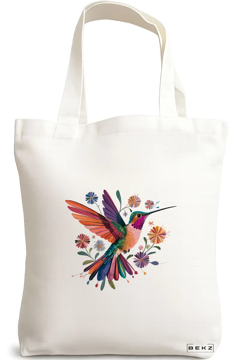 Sacosa Cumparaturi Textila, Geanta Tote, model Multicolor bird 38 x 34.5 cm, Alb, BEKZ®