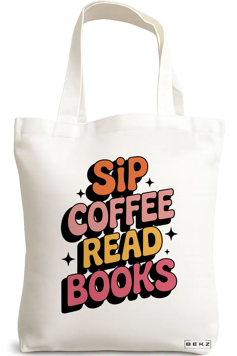 Sacosa Cumparaturi Textila, Geanta Tote, model Sip Coffee read books 38 x 34.5 cm, Alb, BEKZ®