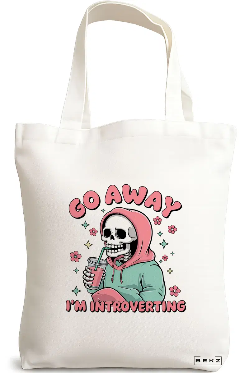 Sacosa Cumparaturi Textila, Geanta Tote, model Go away I'm introverting 38 x 34.5 cm, Alb, BEKZ®