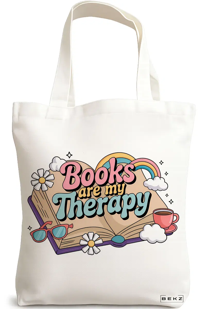 Sacosa Cumparaturi Textila, Geanta Tote, model Books are my therapy 38 x 34.5 cm, Alb, BEKZ®