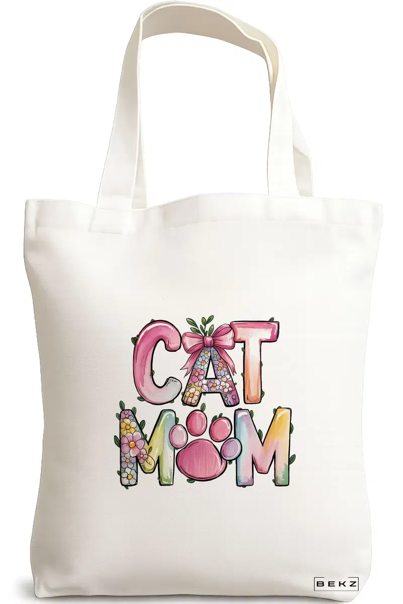 Sacosa Cumparaturi Textila, Geanta Tote, model Cat mom 2 38 x 34.5 cm, Alb, BEKZ®