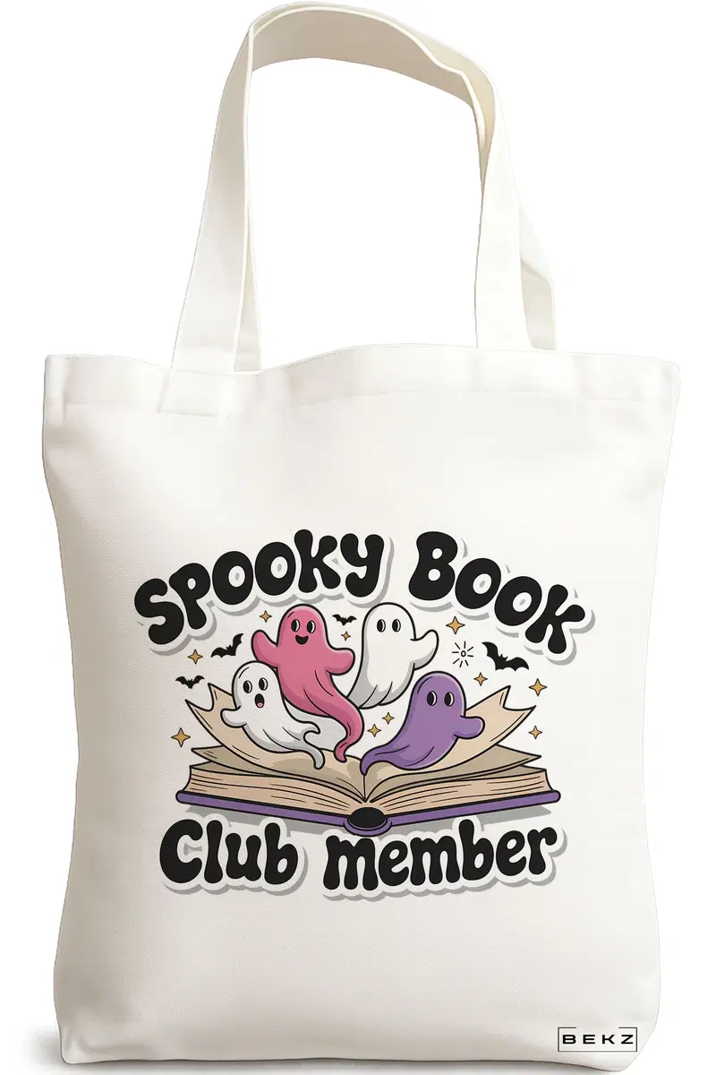 Sacosa Cumparaturi Textila, Geanta Tote, model Spooky book Club member 38 x 34.5 cm, Alb, BEKZ®