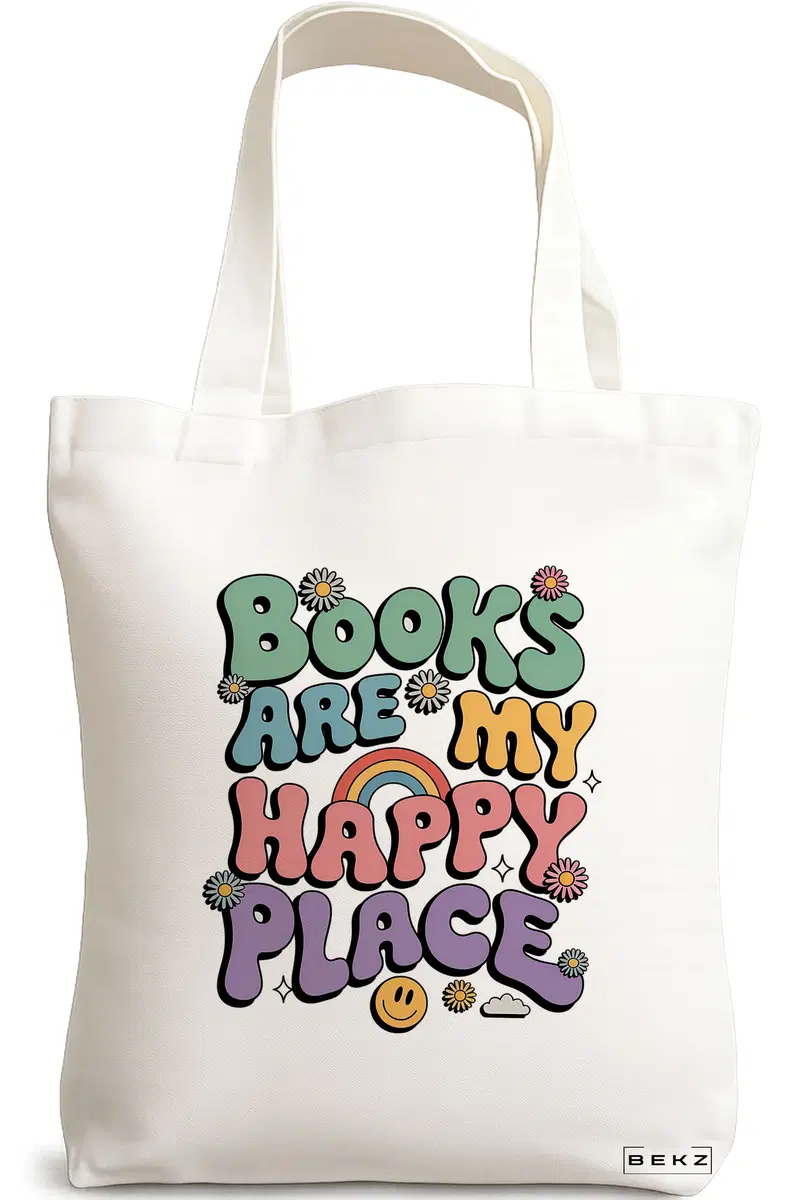 Sacosa Cumparaturi Textila, Geanta Tote, model Books are my happy place 38 x 34.5 cm, Alb, BEKZ®