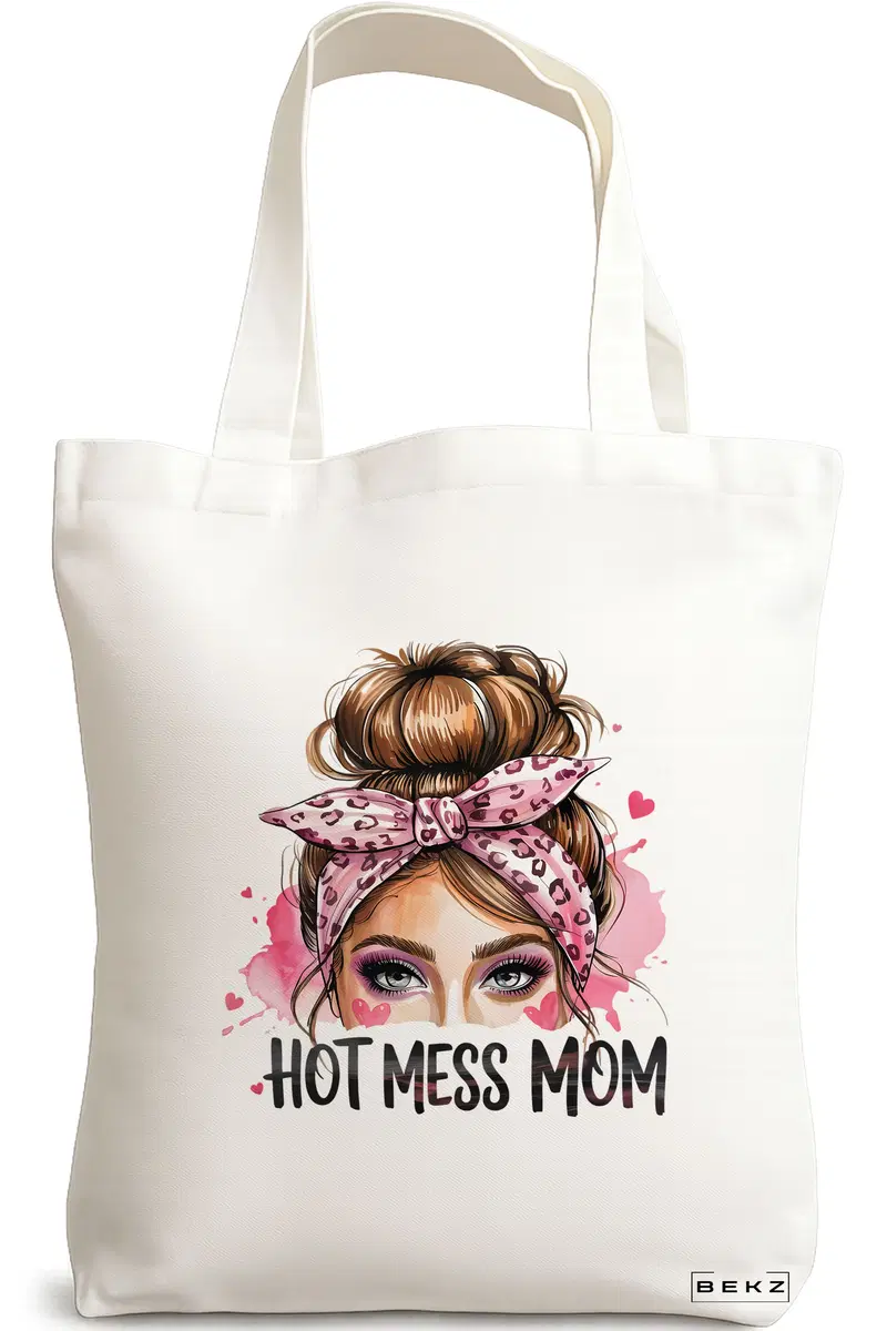 Sacosa Cumparaturi Textila, Geanta Tote, model Hot mess mom 38 x 34.5 cm, Alb, BEKZ®