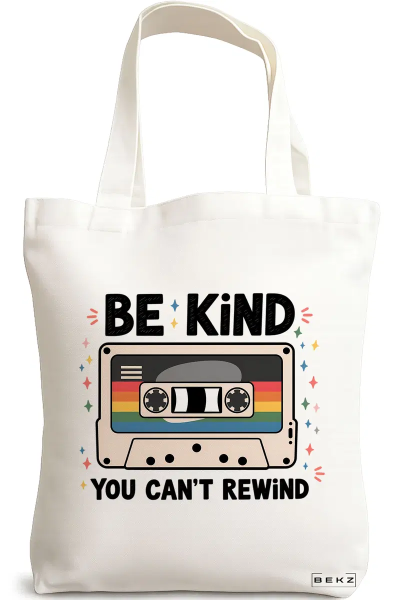 Sacosa Cumparaturi Textila, Geanta Tote, model Be kind you can't rewind 38 x 34.5 cm, Alb, BEKZ®