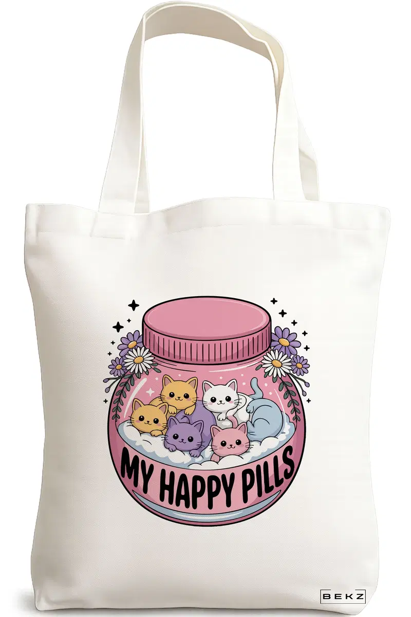 Sacosa Cumparaturi Textila, Geanta Tote, model My happy pills 38 x 34.5 cm, Alb, BEKZ®