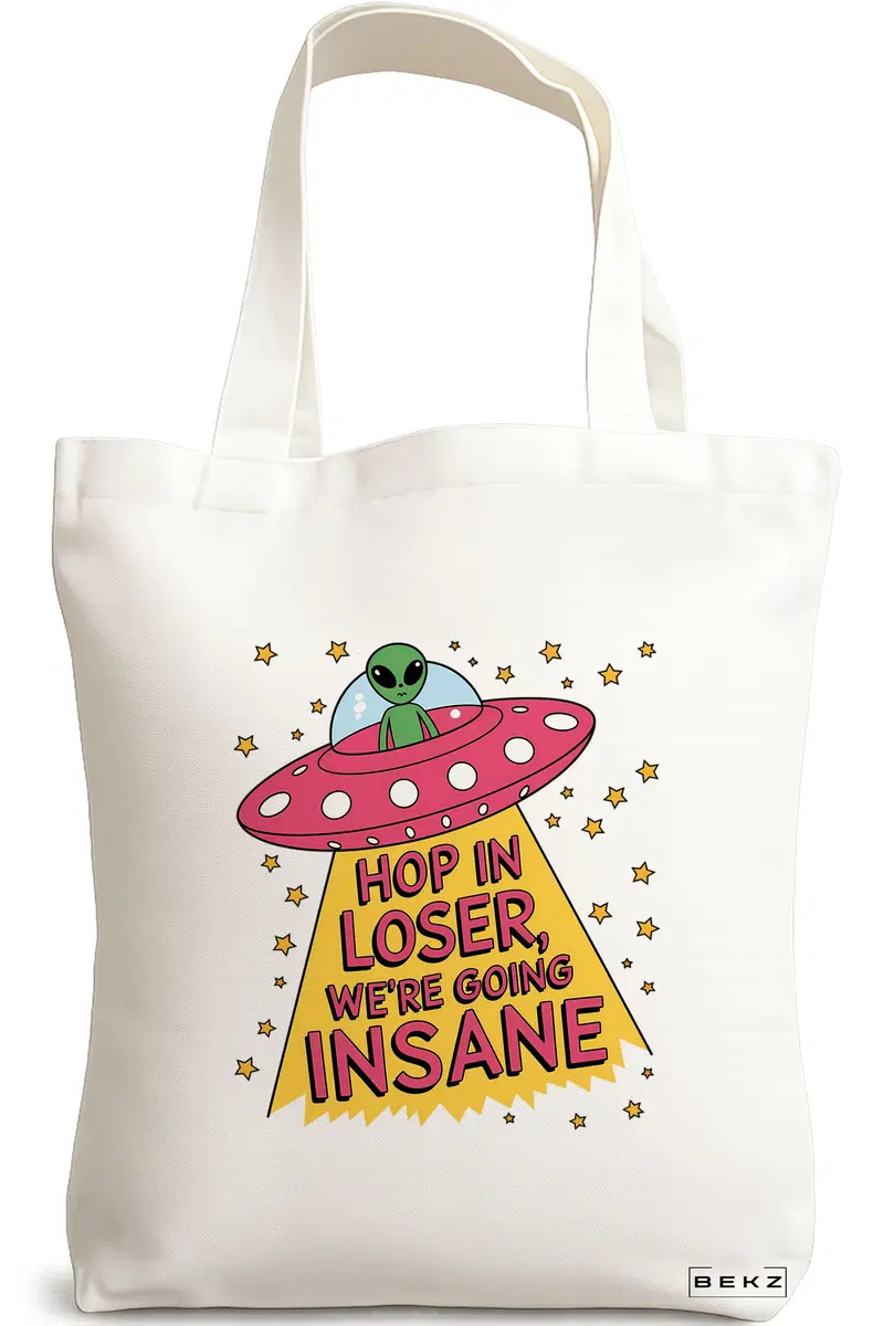 Sacosa Cumparaturi Textila, Geanta Tote, model Ufo life 38 x 34.5 cm, Alb, BEKZ®