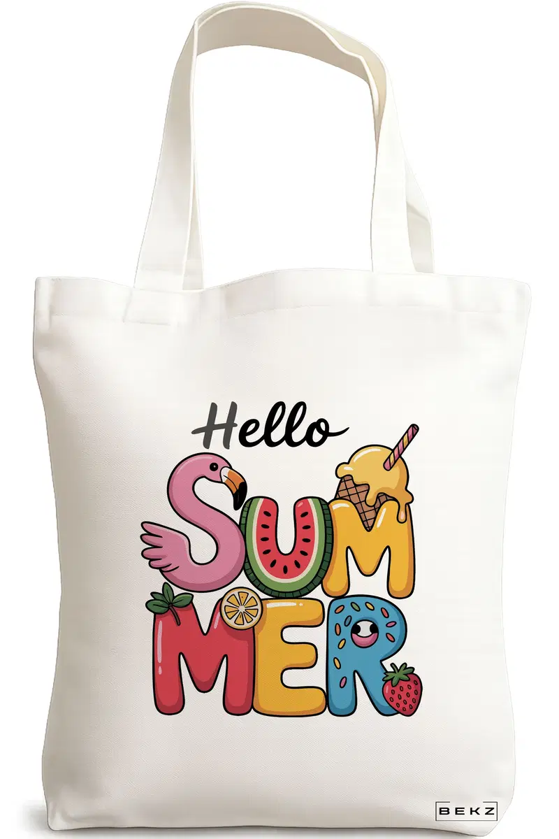 Sacosa Cumparaturi Textila, Geanta Tote, model Hello summer 2 38 x 34.5 cm, Alb, BEKZ®