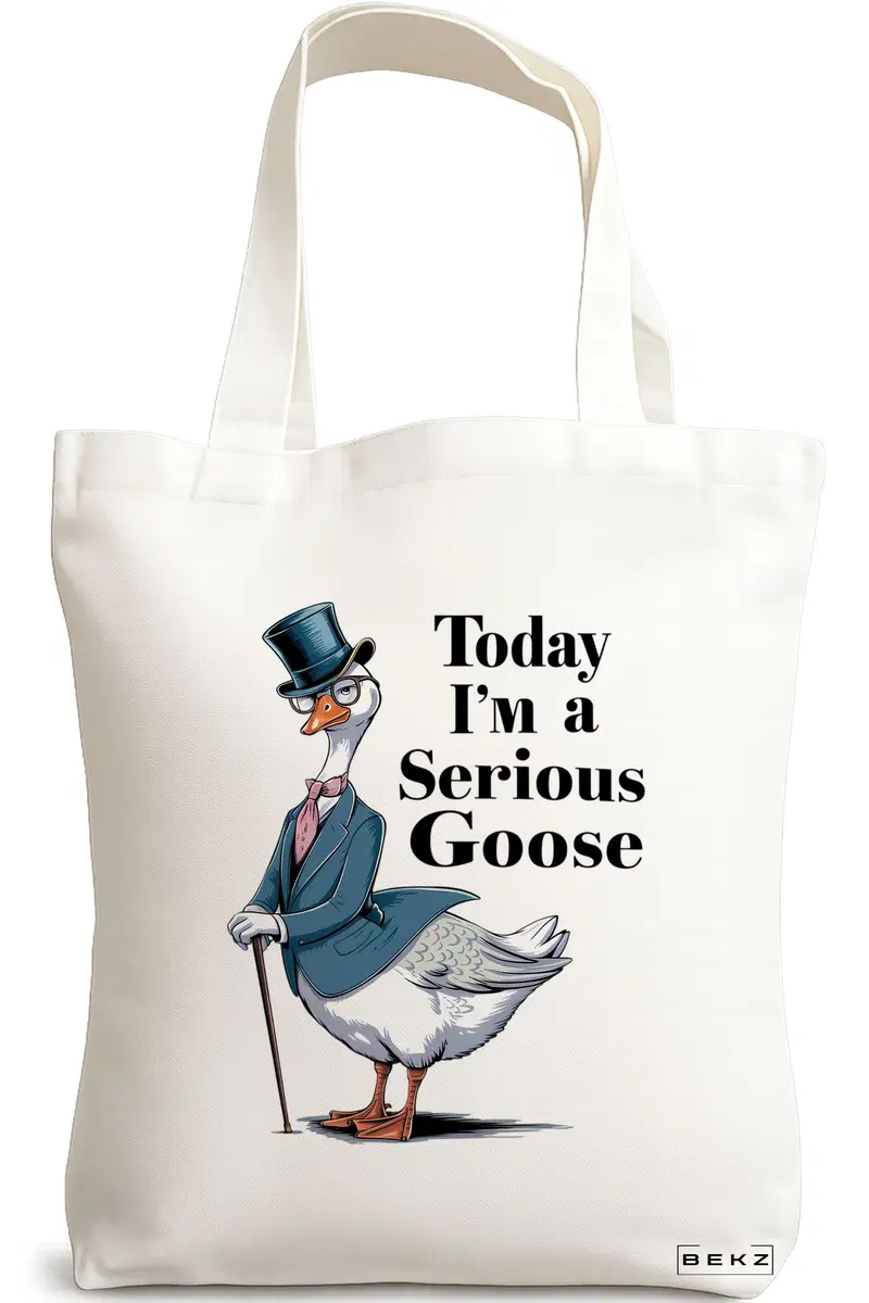Sacosa Cumparaturi Textila, Geanta Tote, model Today I'm a serious goose 38 x 34.5 cm, Alb, BEKZ®