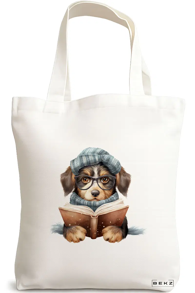 Sacosa Cumparaturi Textila, Geanta Tote, model Reading puppy 1 38 x 34.5 cm, Alb, BEKZ®
