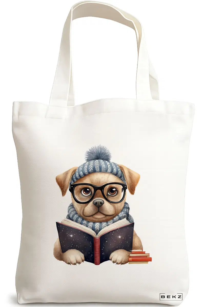 Sacosa Cumparaturi Textila, Geanta Tote, model Reading puppy 2 38 x 34.5 cm, Alb, BEKZ®