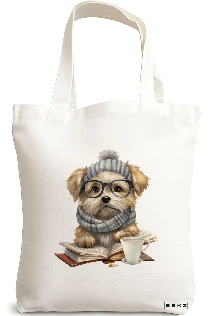 Sacosa Cumparaturi Textila, Geanta Tote, model Reading puppy 3 38 x 34.5 cm, Alb, BEKZ®