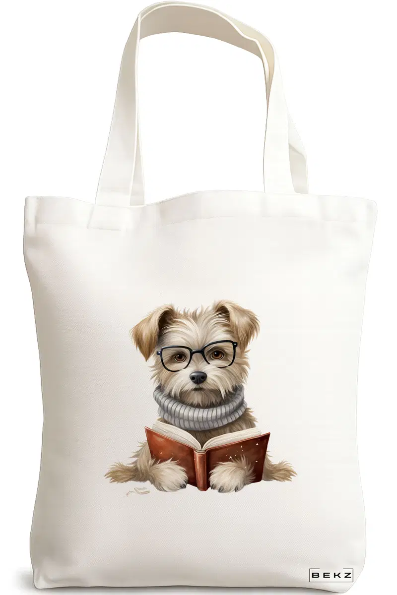 Sacosa Cumparaturi Textila, Geanta Tote, model Reading puppy 4 38 x 34.5 cm, Alb, BEKZ®