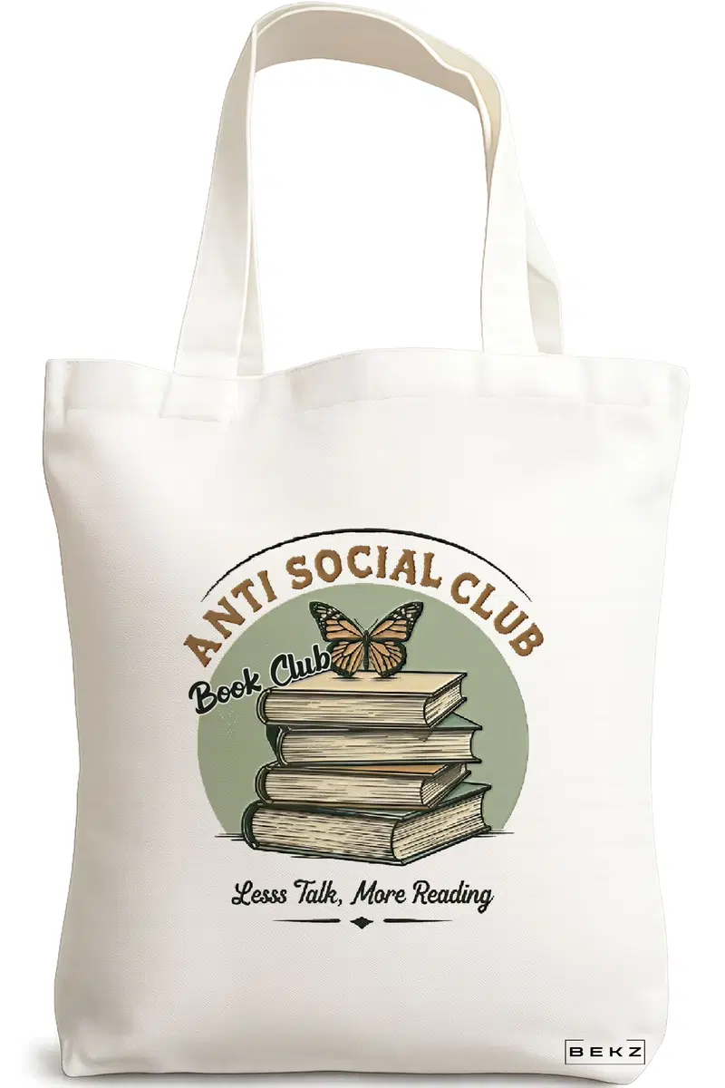 Sacosa Cumparaturi Textila, Geanta Tote, model Anti social Book Club 38 x 34.5 cm, Alb, BEKZ®