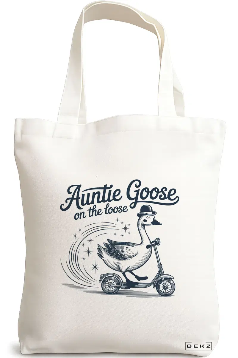 Sacosa Cumparaturi Textila, Geanta Tote, model Auntie Goose on the loose 38 x 34.5 cm, Alb, BEKZ®