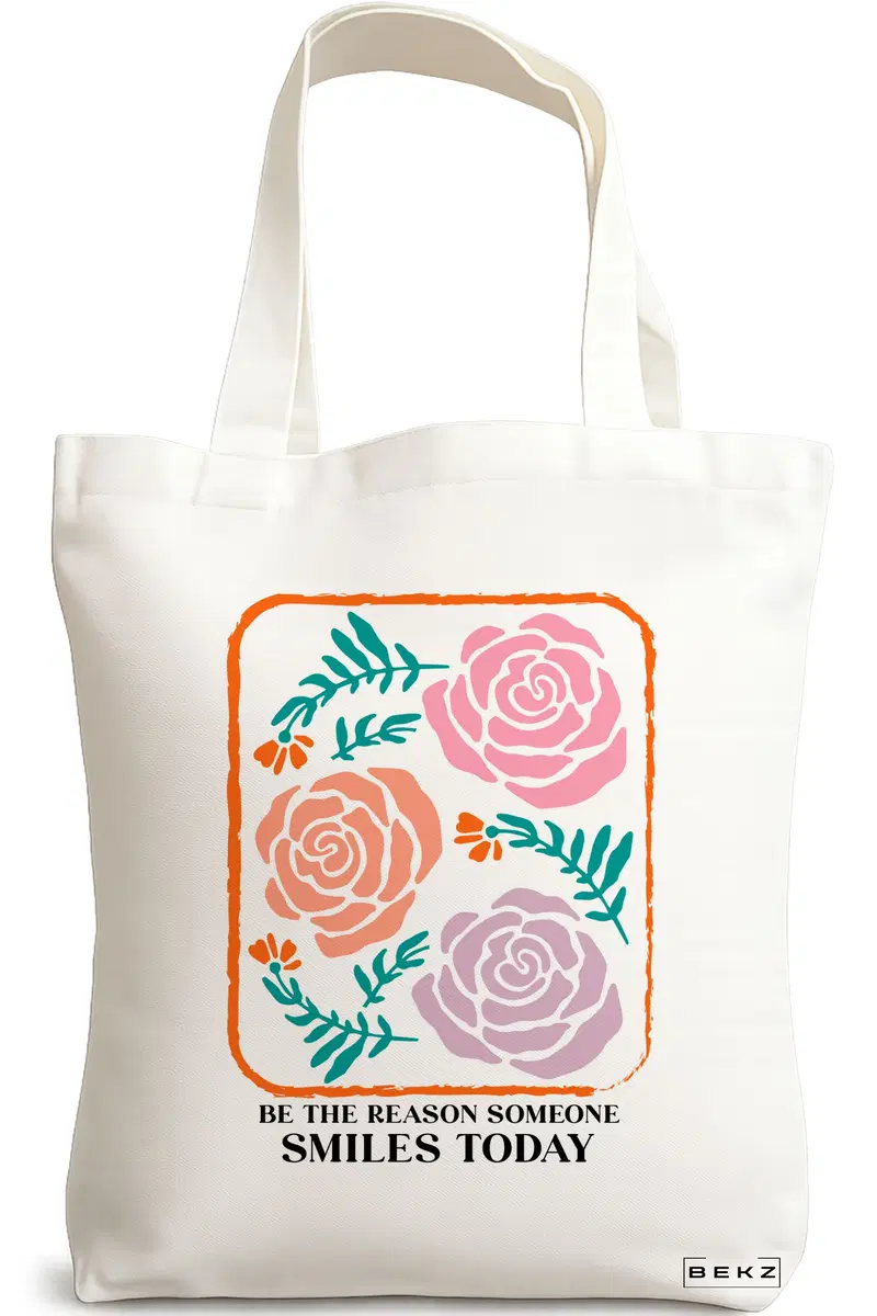 Sacosa Cumparaturi Textila, Geanta Tote, model Be the reason someone smiles today 38 x 34.5 cm, Alb, BEKZ®